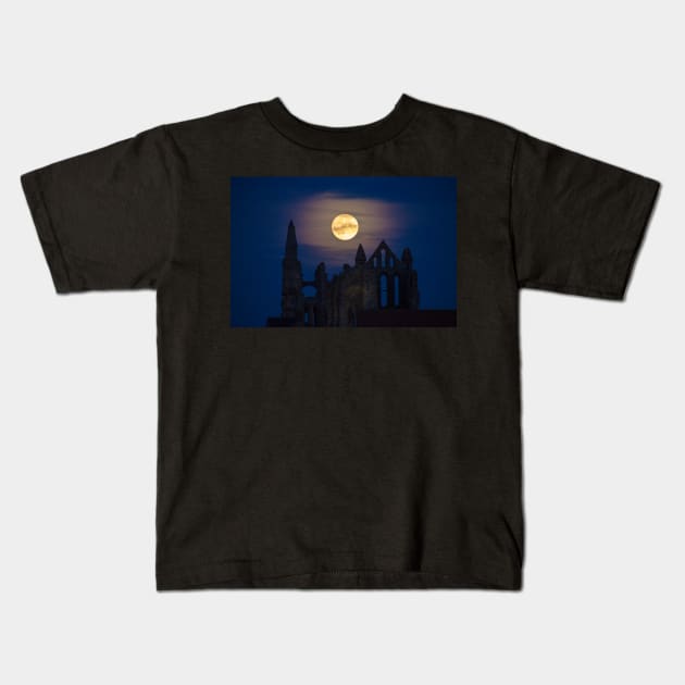 Whitby Abbey Moonrise Gothic Supermoon Benedictine Ruins IMG 1738 Kids T-Shirt by Spookydaz